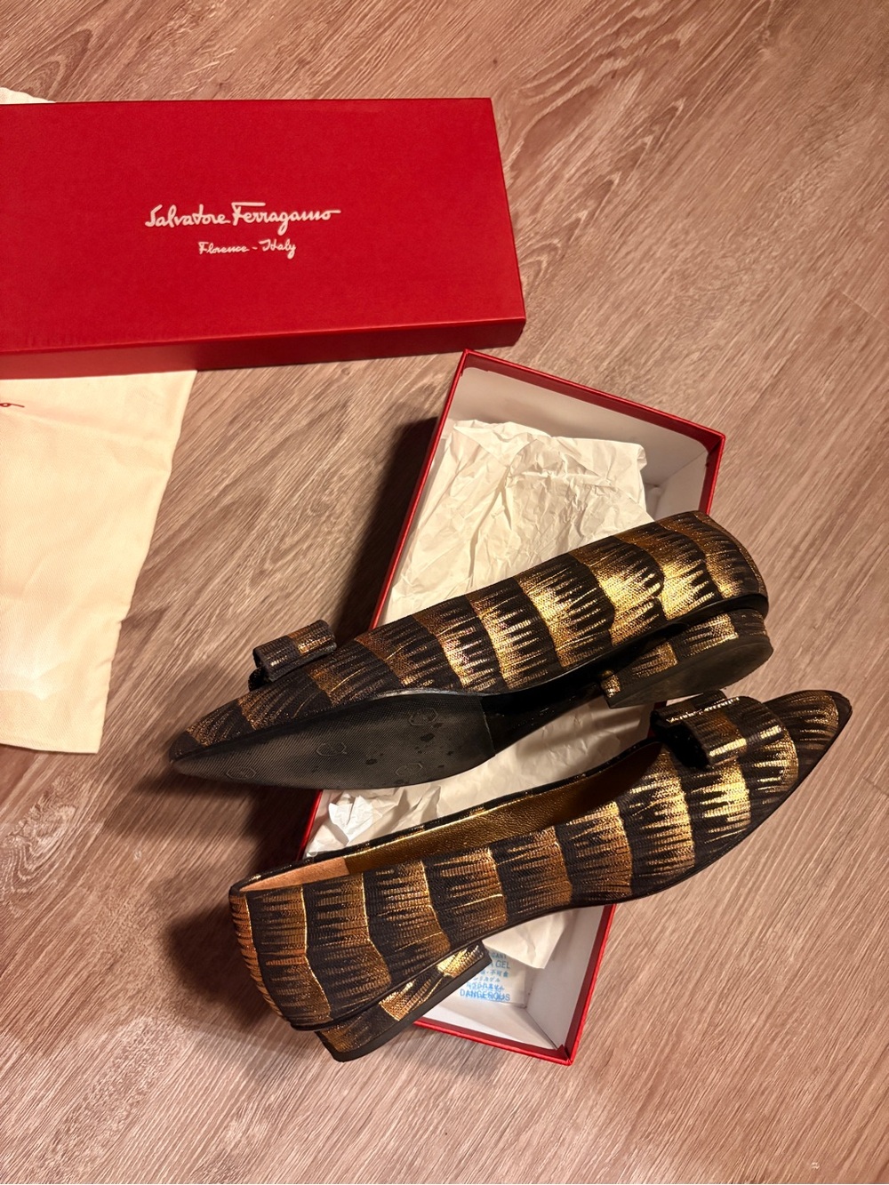 Salvatore Ferragamo Varina Glitt Black and Gold Pointed-Toe Ballet Flats
